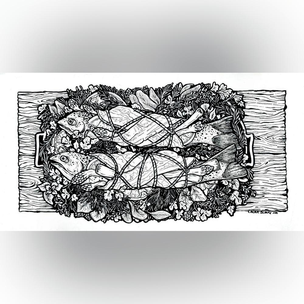 Prints or custom art available Trout platter: ink art kitchen cabin fish cooking